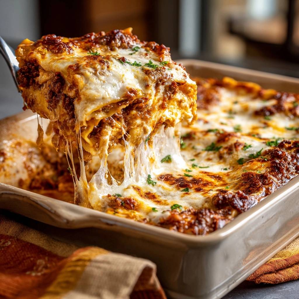 Classic beef lasagna being lifted from the pan, showing layers of pasta, meat sauce, and melted cheese.