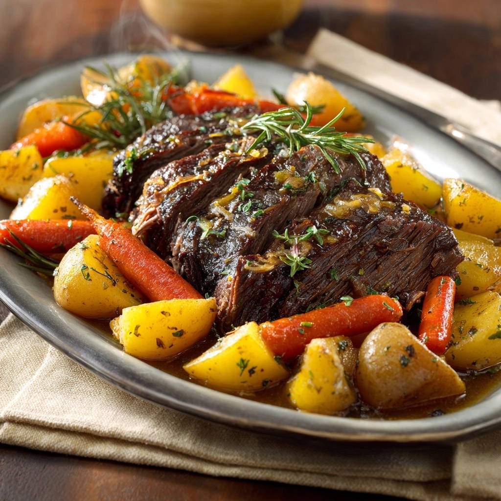 Classic pot roast, sliced and served with tender carrots and potatoes, garnished with fresh herbs.
