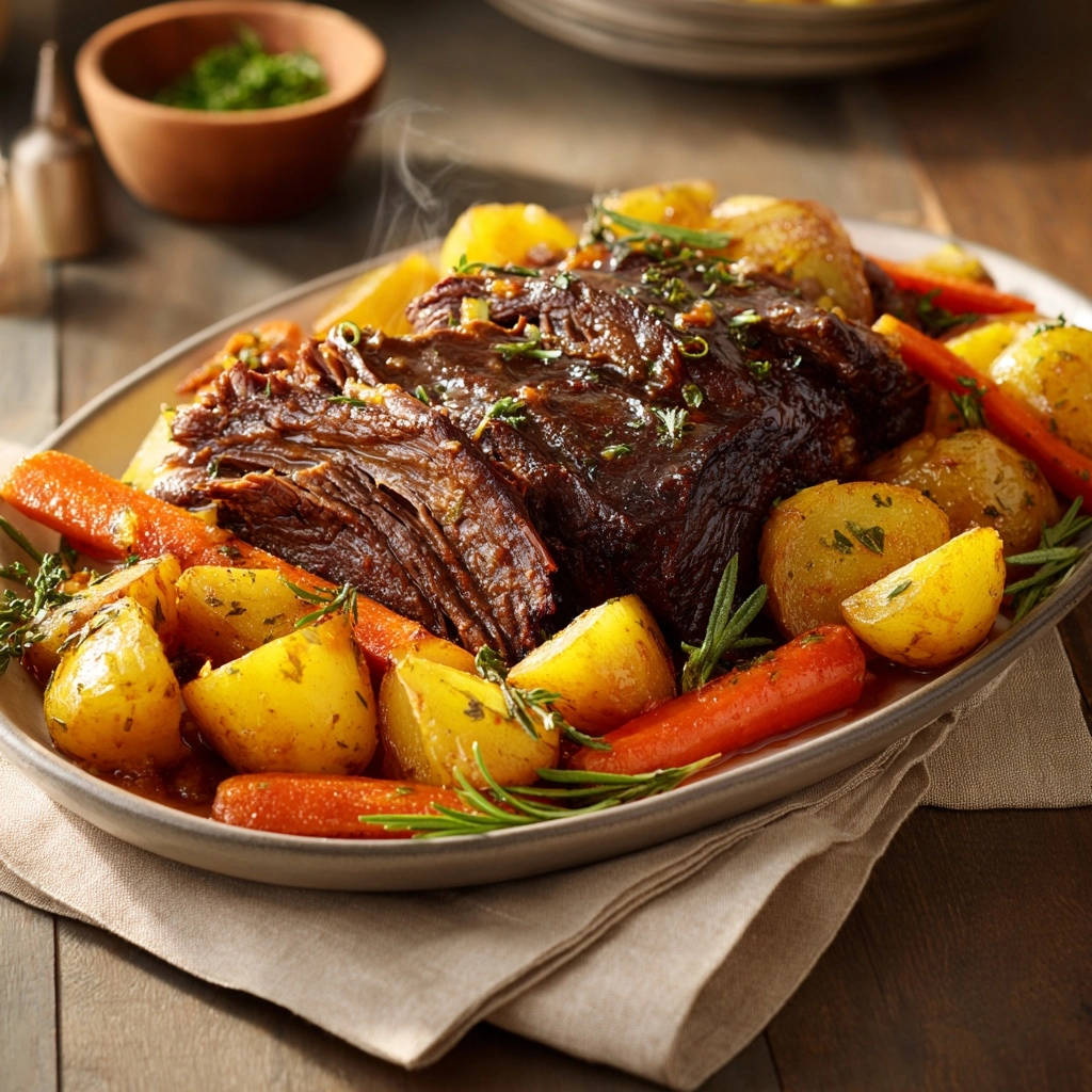 Classic pot roast with tender shredded meat, roasted potatoes, and carrots, with steam rising.