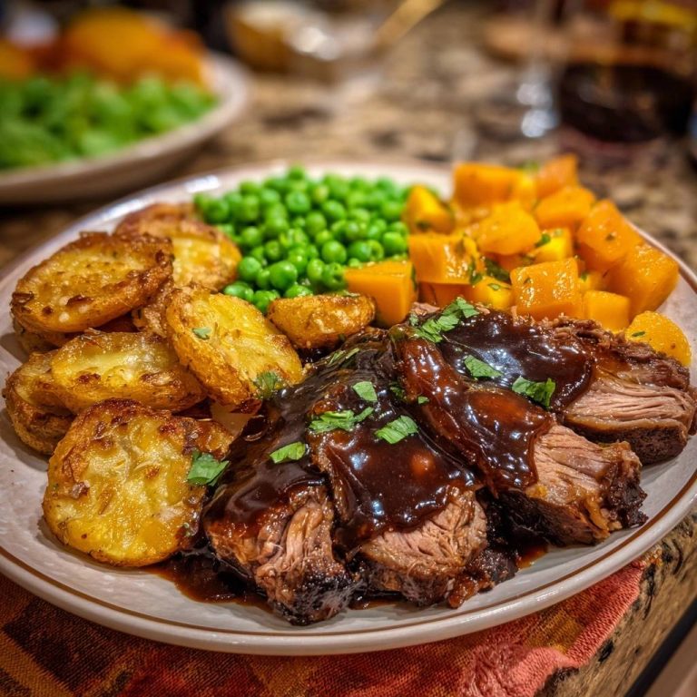 Classic roast beef dinner plated with gravy, roast potatoes, peas, and butternut squash.
