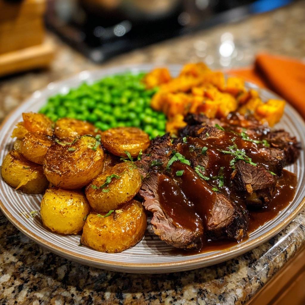 Classic roast beef dinner sliced and served with roasted potatoes, peas, and sweet potatoes on a plate.