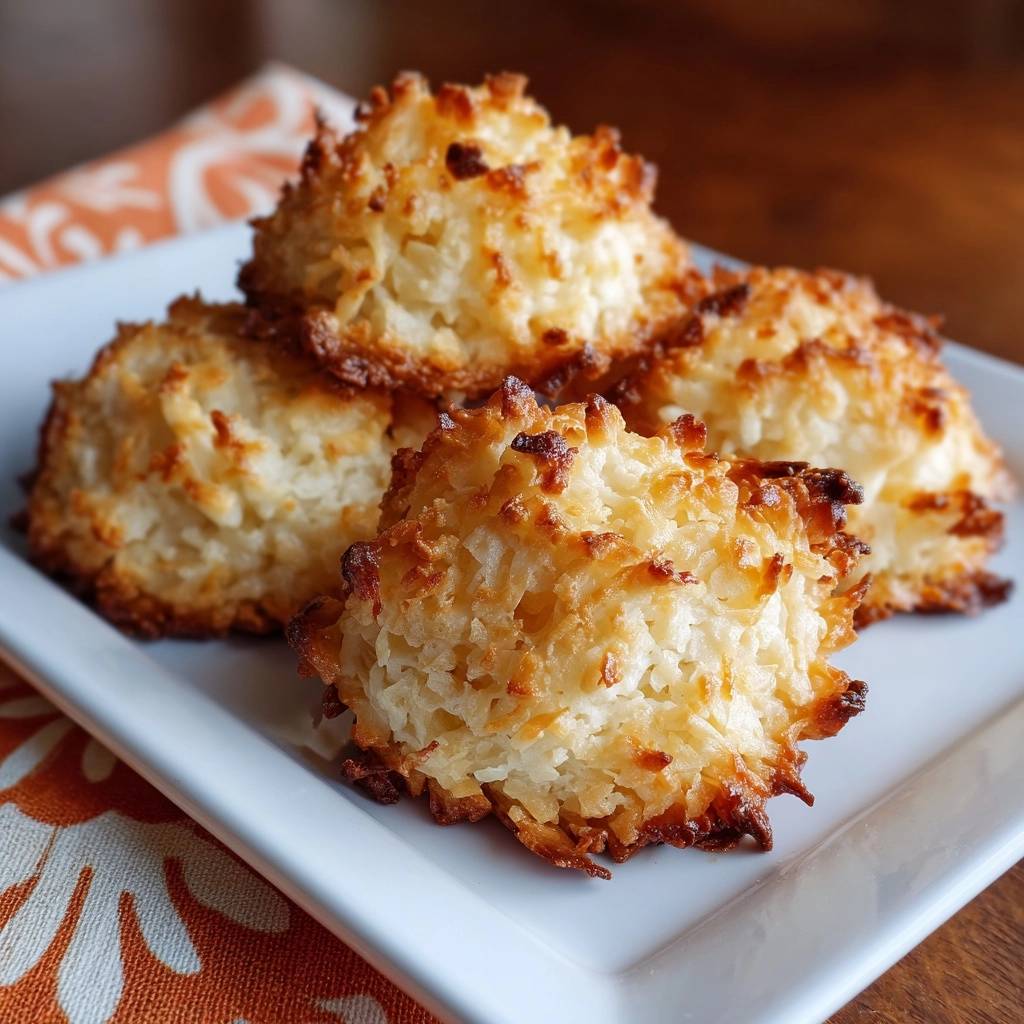 Perfect coconut macaroons with chewy centers shown in a close-up view highlighting their golden-brown, shredded coconut texture.