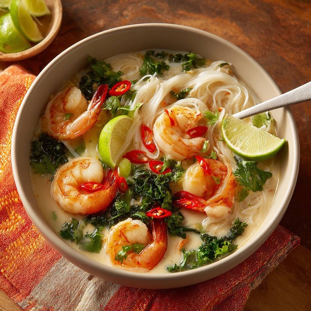 Coconut shrimp kale noodles served in a bowl, showcasing plump shrimp, vibrant lime, and chili slices.