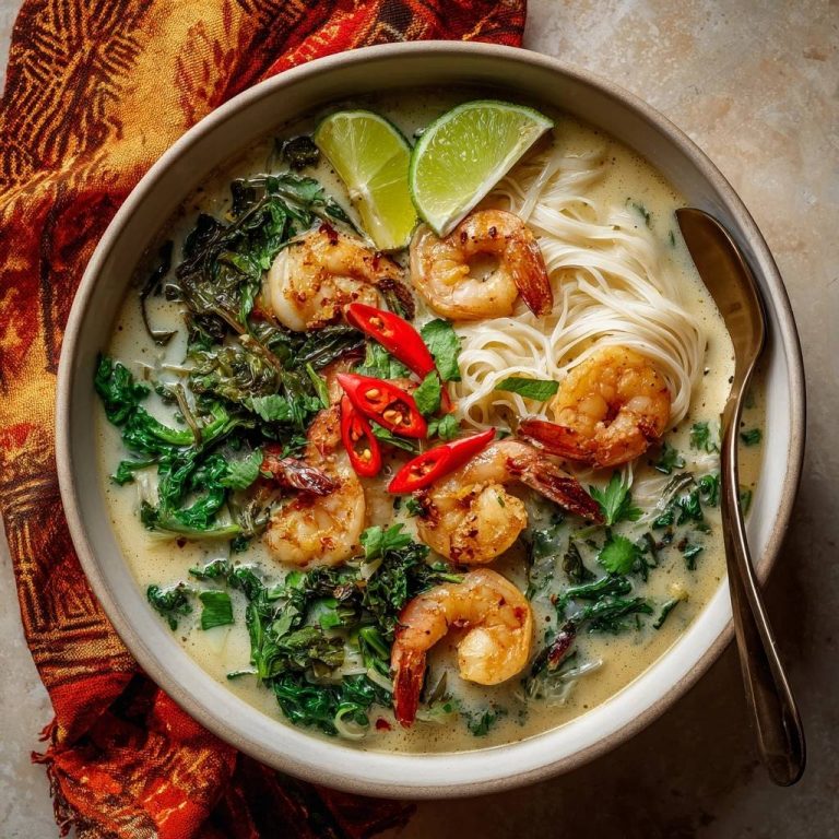 Coconut shrimp kale noodles served in a bowl with lime and chili, shown from an overhead perspective.