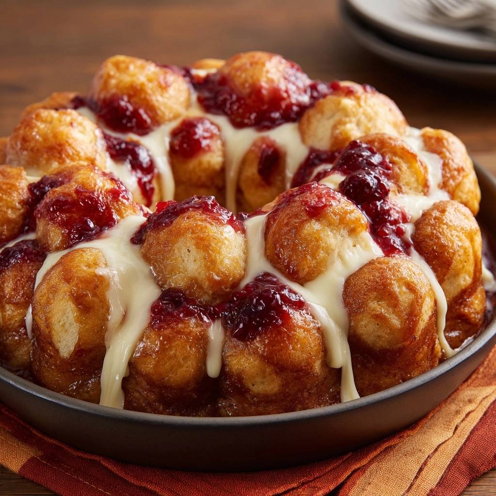 Cranberry cheese pull-apart rolls with a thick cream cheese glaze and berry filling, shown in a close-up view.