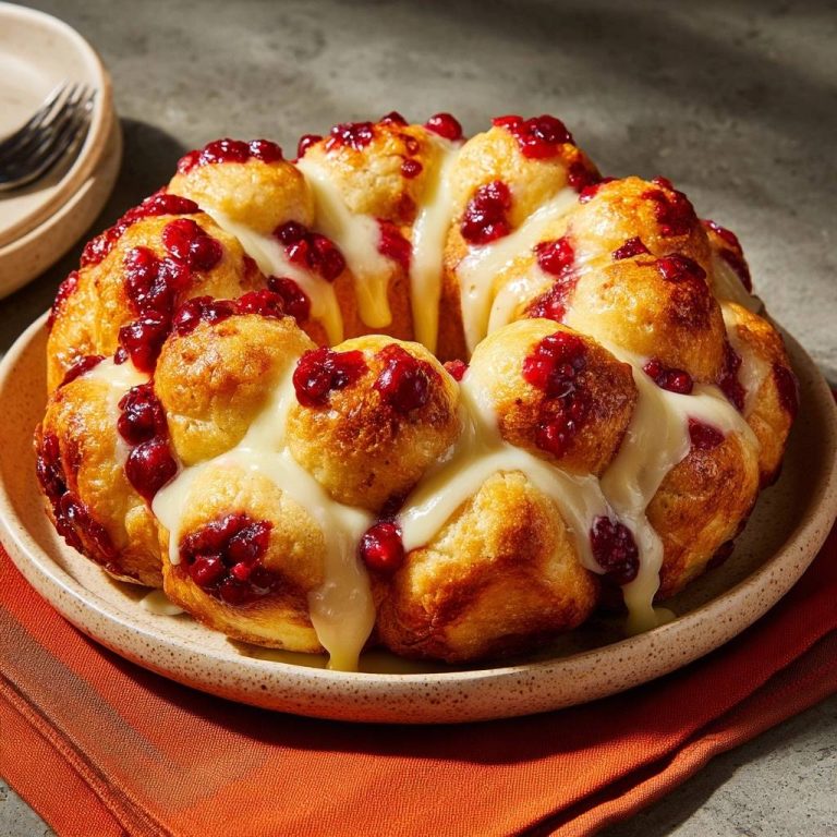Cranberry cheese pull-apart rolls drizzled with sweet glaze and topped with tart cranberry pieces.