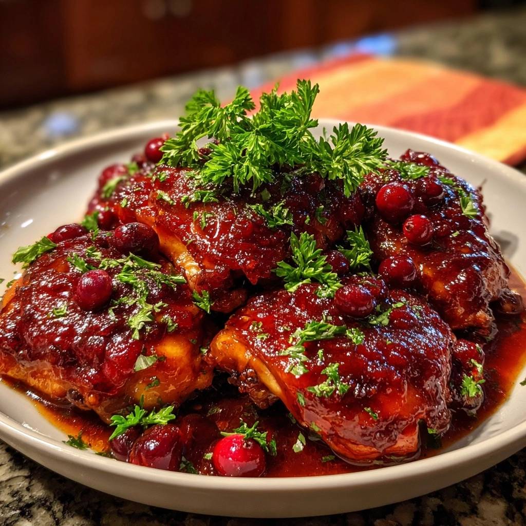 Cranberry glazed chicken thighs shown in a close-up view with fresh cranberries and parsley garnish.
