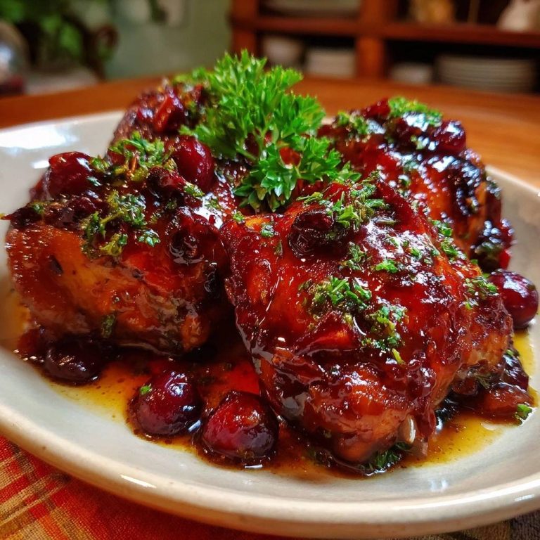 Cranberry glazed chicken thighs with a close-up view of the glistening glaze and fresh parsley garnish.