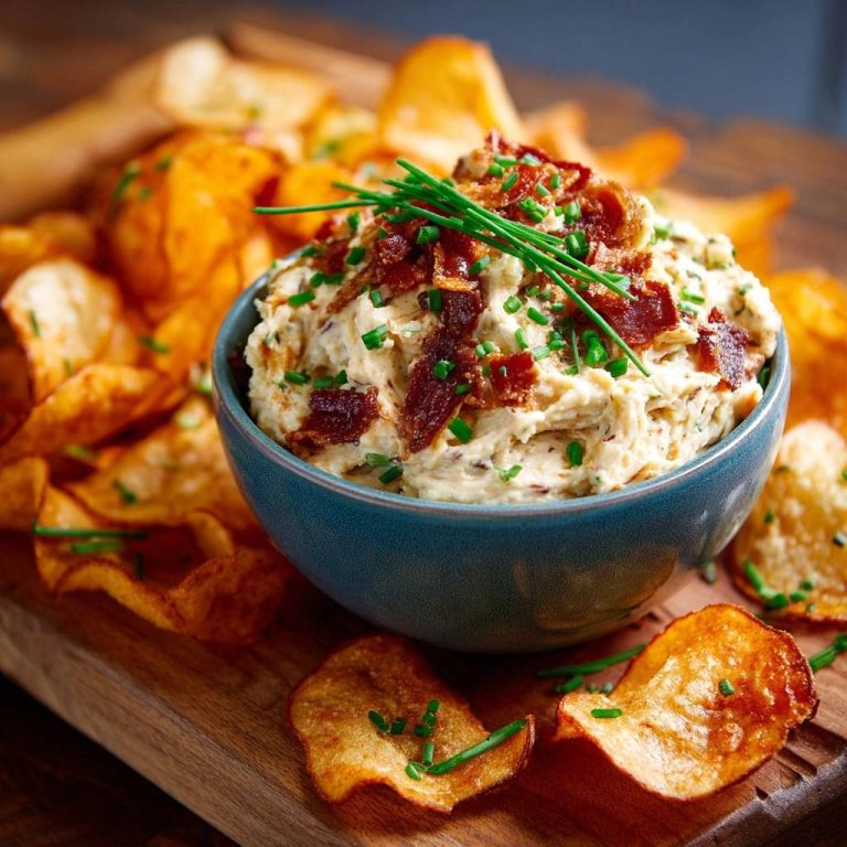 Creamy bacon chive dip with a close-up view of the bacon and chive garnish in a blue bowl.