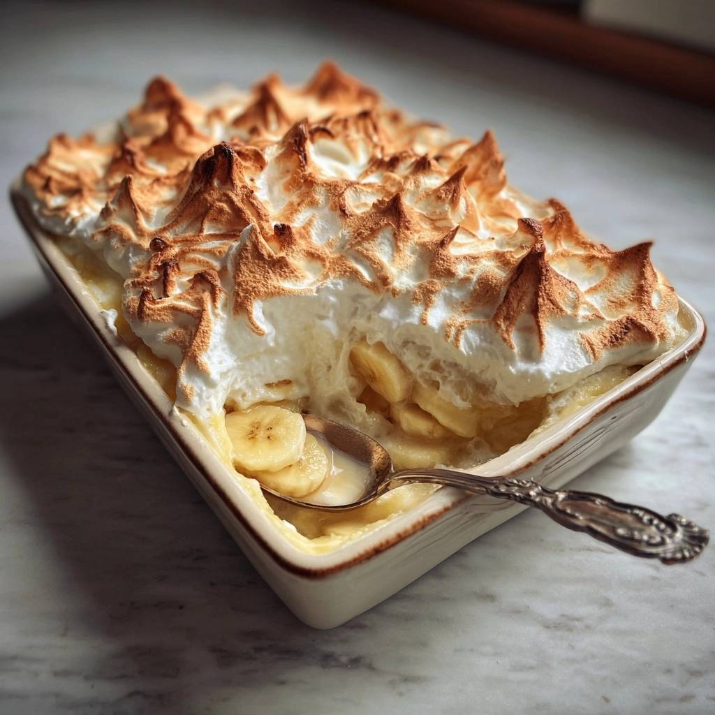 Creamy banana meringue pudding with a spoonful revealing the moist banana slices and custard.