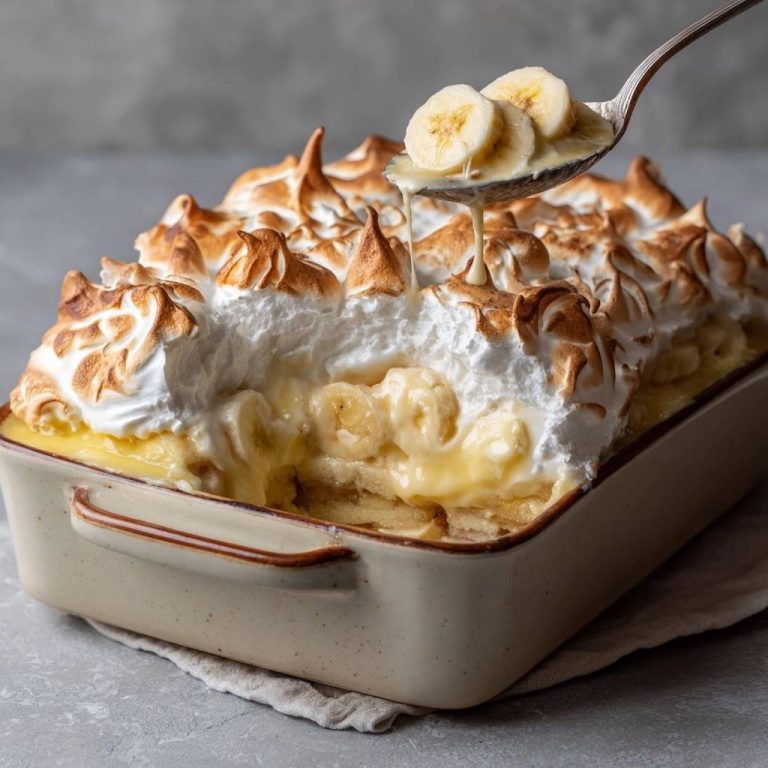 Creamy banana meringue pudding with a spoonful of topping and sliced bananas being lifted from the dish.