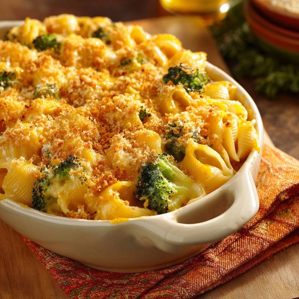 Creamy broccoli cheddar shells with a golden breadcrumb topping in a baking dish.