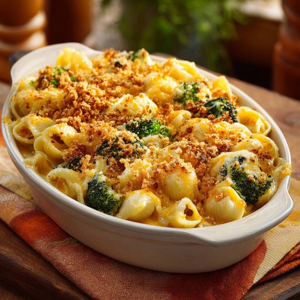 Creamy broccoli cheddar shells with a golden breadcrumb topping viewed up close.