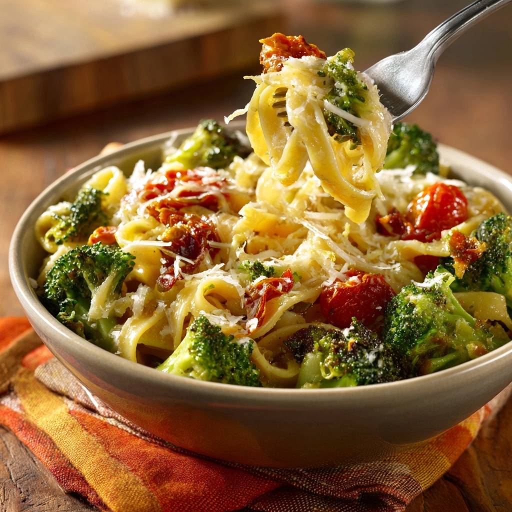 Creamy broccoli tomato pasta with silky sauce being lifted on a fork, showing strands of fettuccine and fresh ingredients.