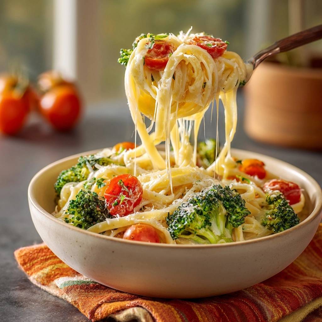 Creamy broccoli tomato pasta with a forkful of pasta stretching with melted cheese against a blurred background.