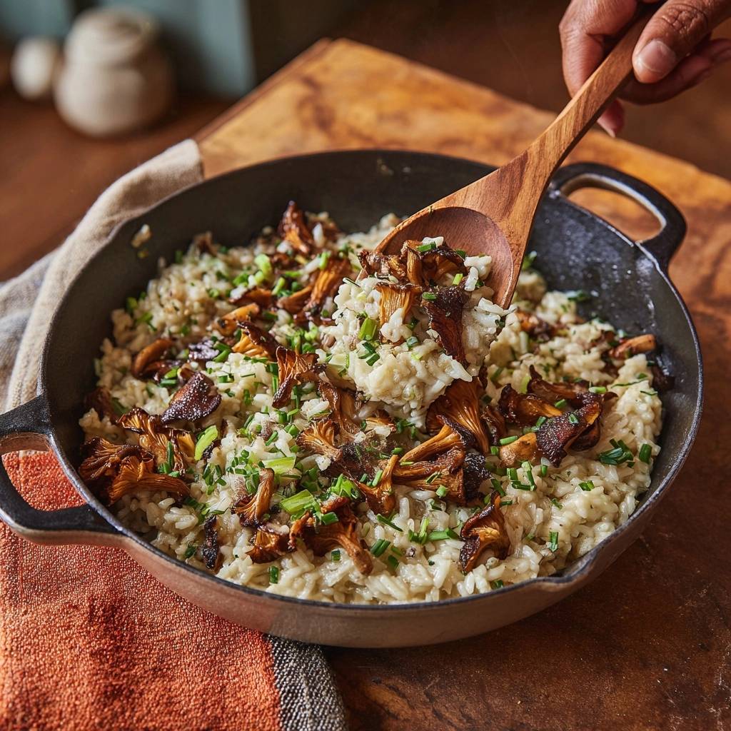 Creamy chanterelle mushroom risotto being served from a cast iron pan with a wooden spoon, showing its texture.