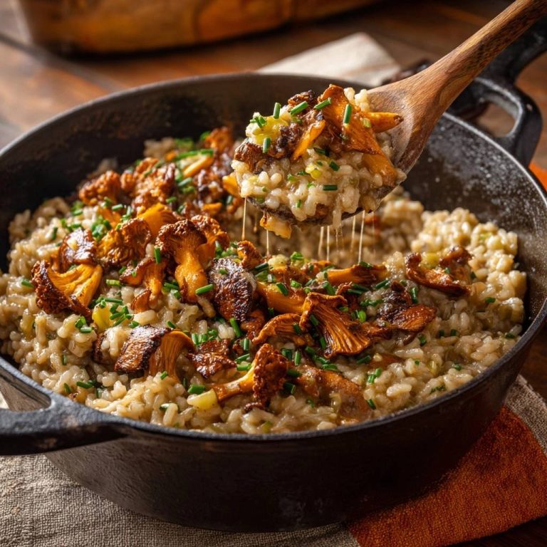 Creamy chanterelle mushroom risotto being scooped with a wooden spoon, showcasing the rich texture and golden mushrooms.