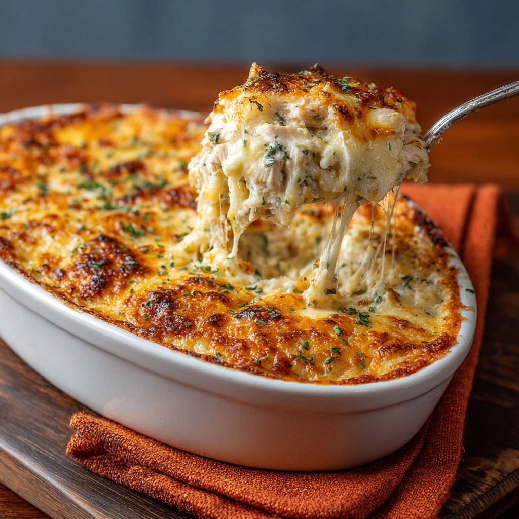 Creamy cheesy chicken rice casserole being served, showing melted cheese strands from a spoonful.