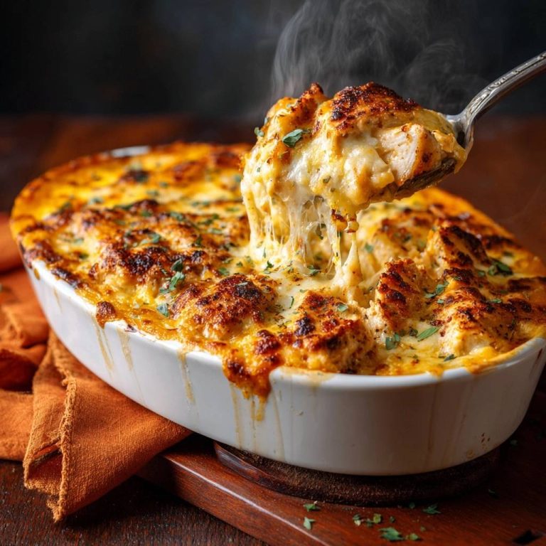 Creamy cheesy chicken rice casserole with a spoonful lifting out showing melted cheese strings.