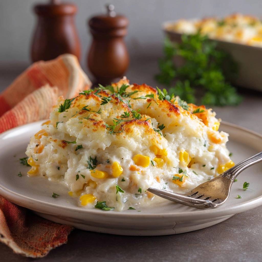 Creamy chicken corn shepherds pie served on a plate with a fork, showcasing the mashed potato topping and corn filling.