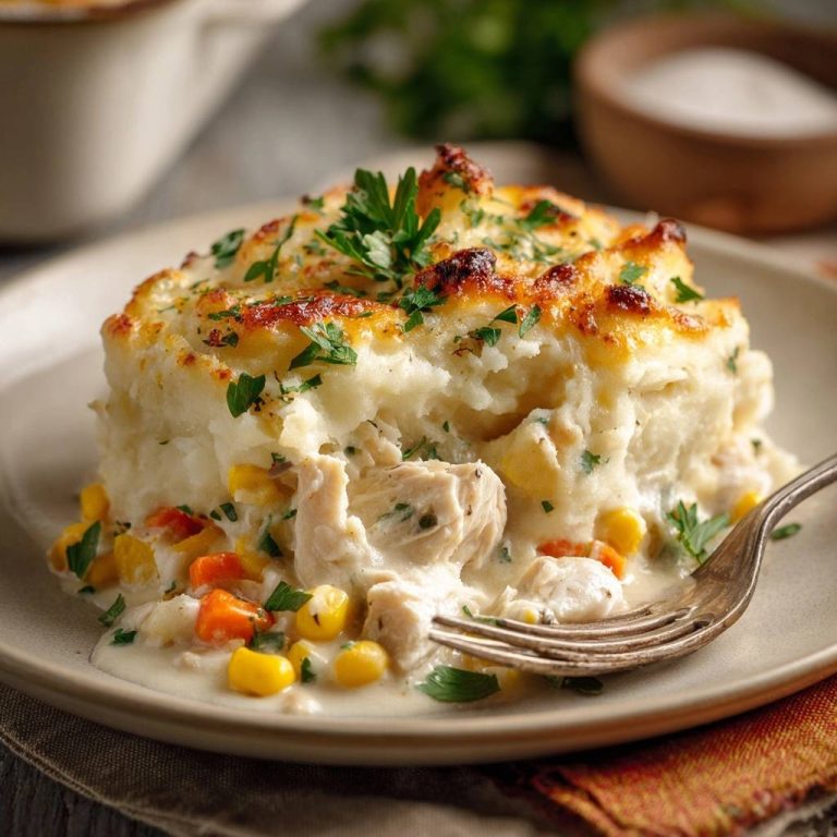 Creamy chicken corn shepherds pie served as a plated slice showing the rich filling and mashed potato topping.