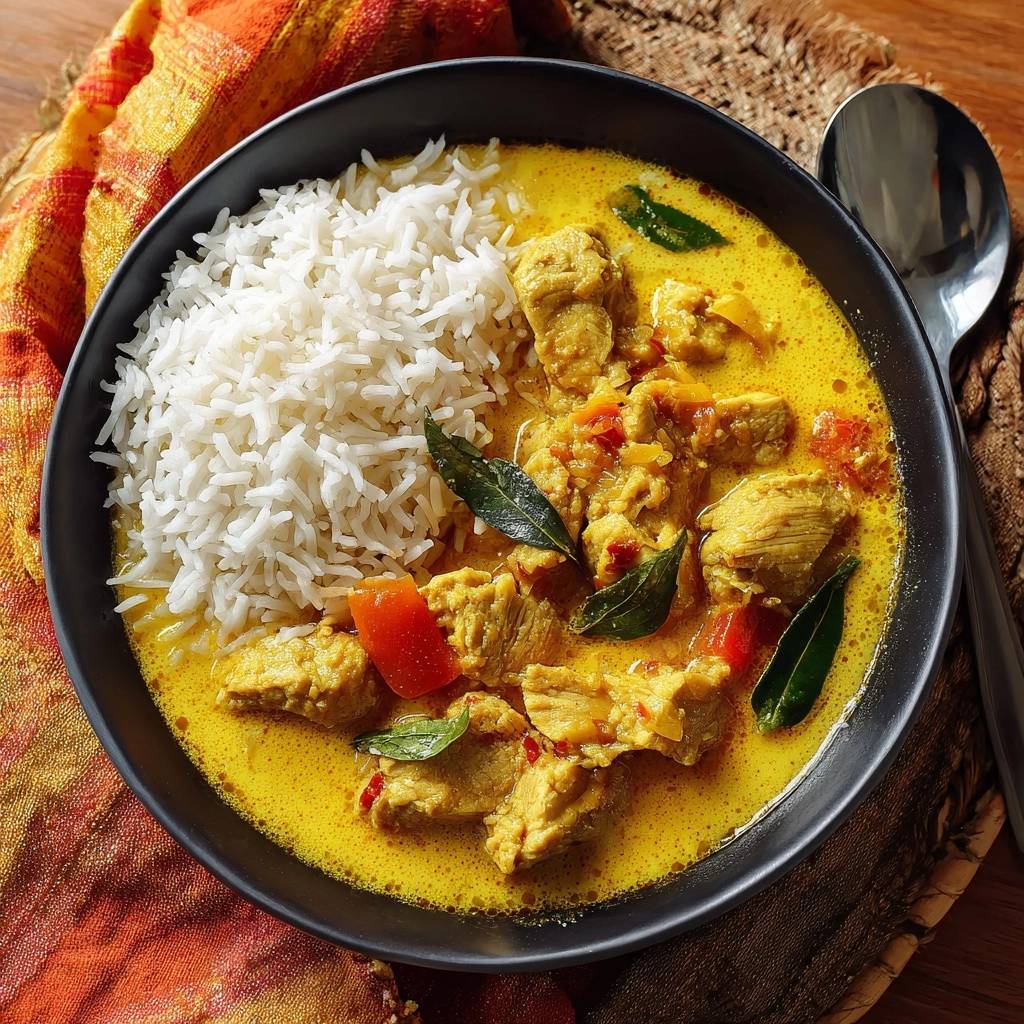 Creamy chicken curry over rice shown in a black bowl with a side of fluffy white rice, presented in an overhead view.