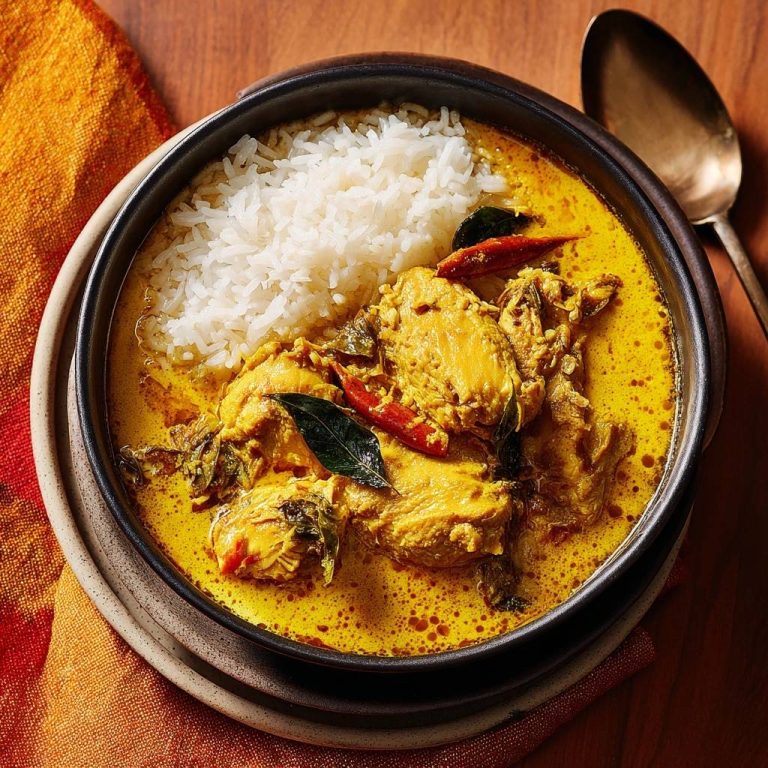 Creamy chicken curry over rice served in a rustic bowl, shown from an overhead perspective.