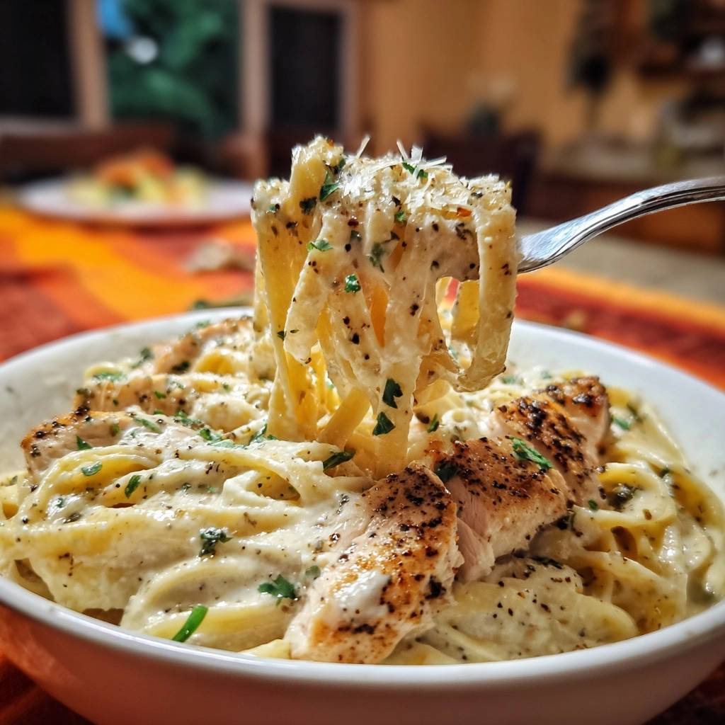 Creamy chicken fettuccine alfredo with a forkful being lifted, showing the rich sauce and seared chicken.