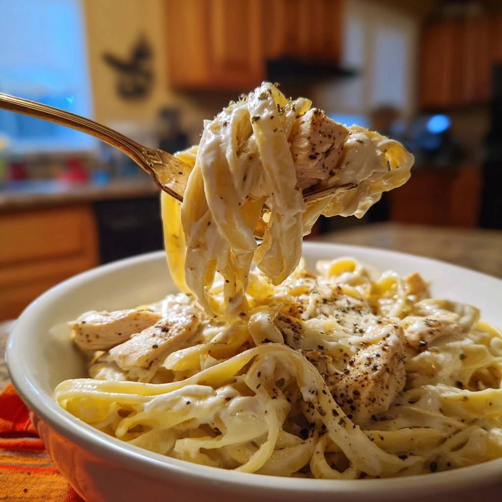 Creamy chicken fettuccine alfredo with a forkful lifted from a white bowl, showcasing the rich sauce and pasta texture.