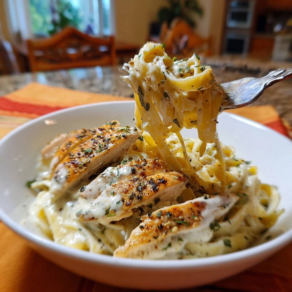 Creamy chicken fettuccine alfredo with a forkful lifted showing pasta and sauce.