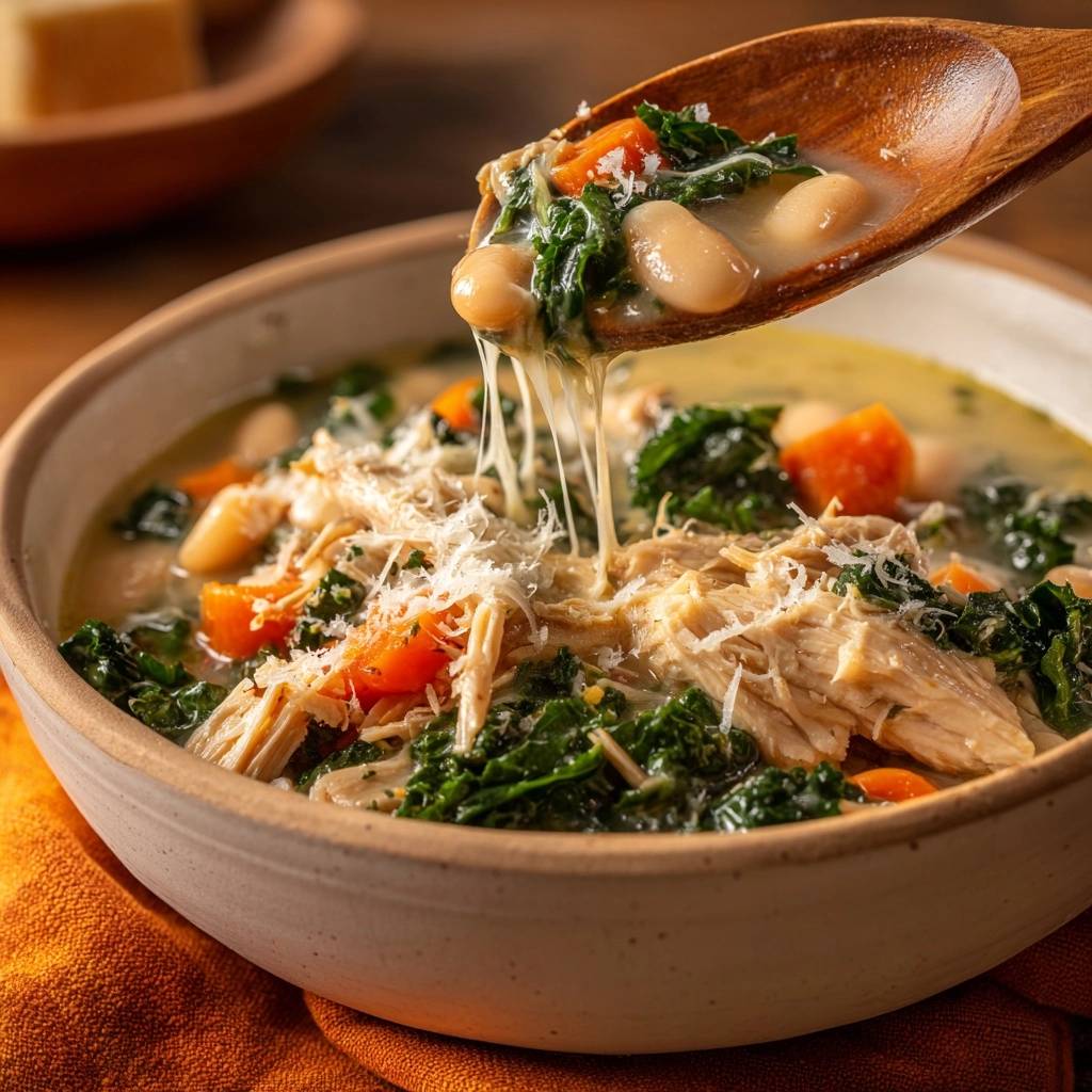 Creamy chicken kale white bean soup being scooped with a wooden spoon, showing melted cheese strings.