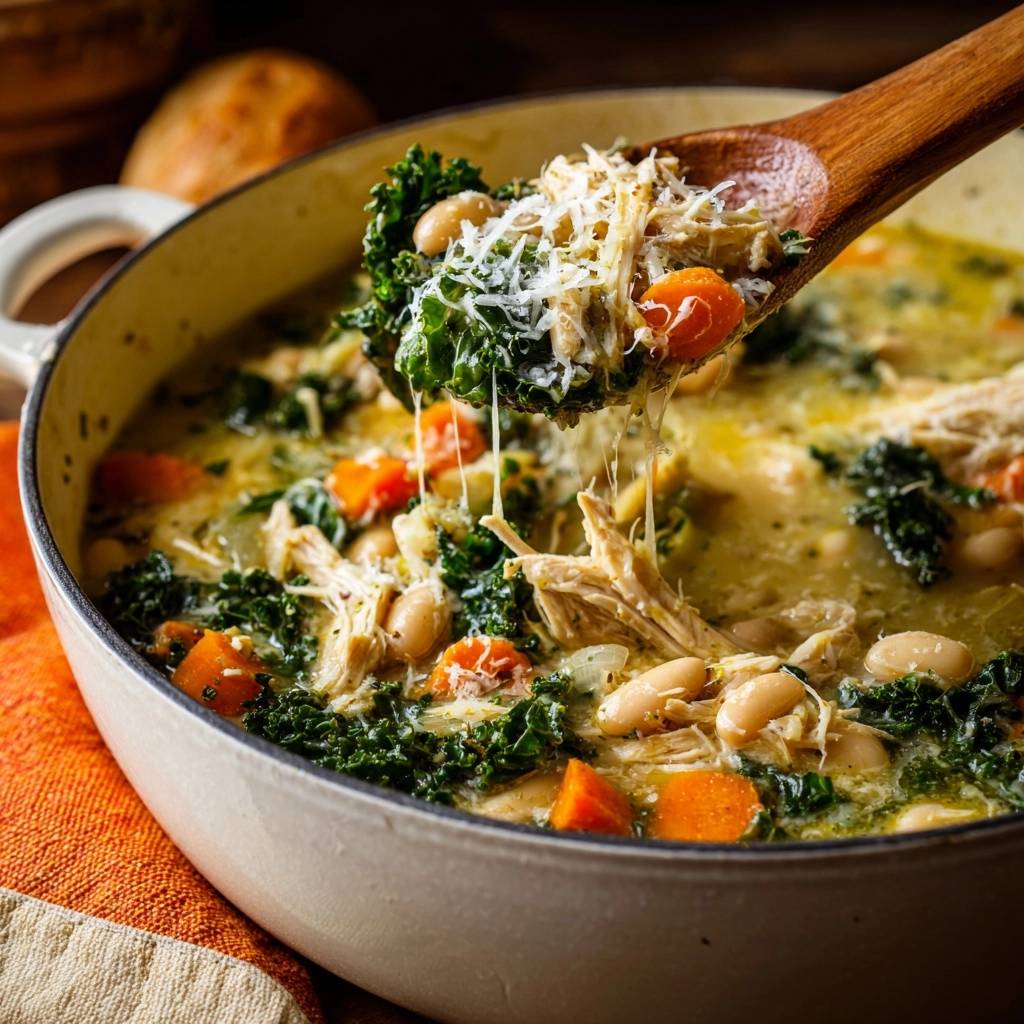 Creamy chicken kale white bean soup being scooped from a pot with a wooden spoon, showing shredded chicken and white beans.