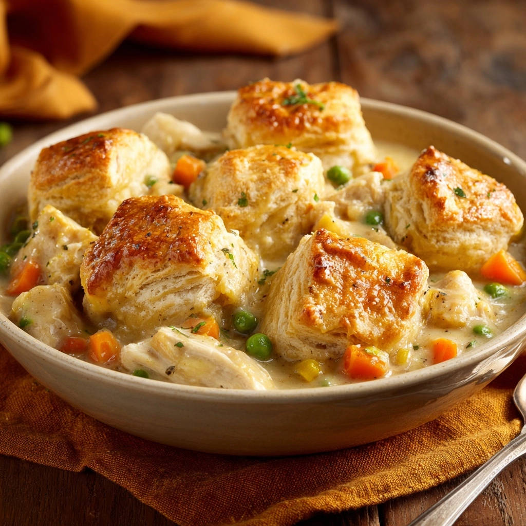 Creamy chicken & veggie bowls featuring golden, flaky puff pastry biscuits in a rich sauce.