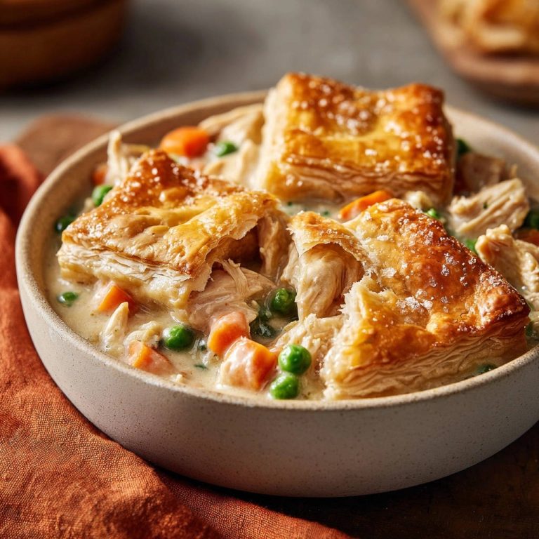 Creamy Chicken & Veggie Bowls featuring a close-up of golden, flaky puff pastry broken open to reveal the filling.