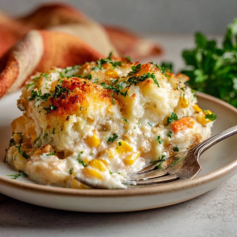 Creamy corn casserole with crisp panko topping, shown as a plated slice with a fork in the dish.