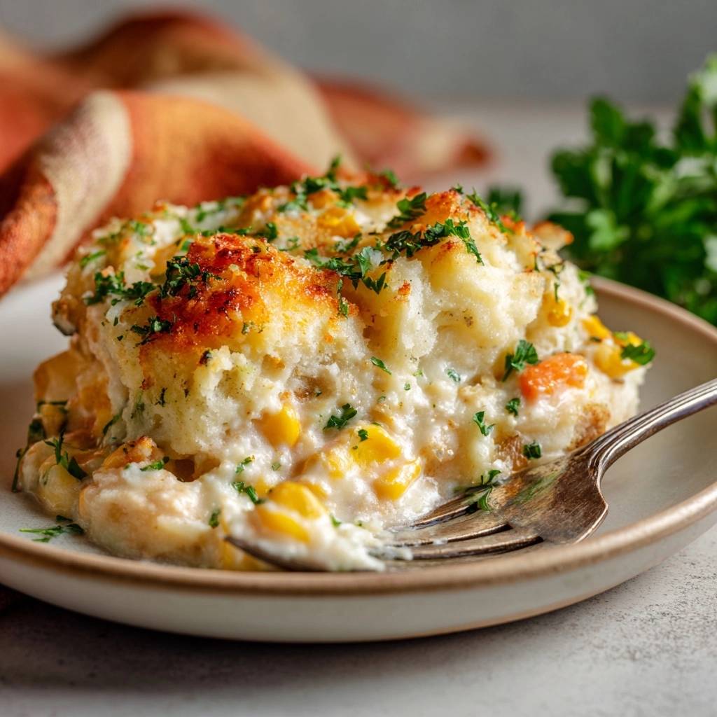 Creamy corn casserole with crisp panko topping, shown as a plated slice with a fork in the dish.
