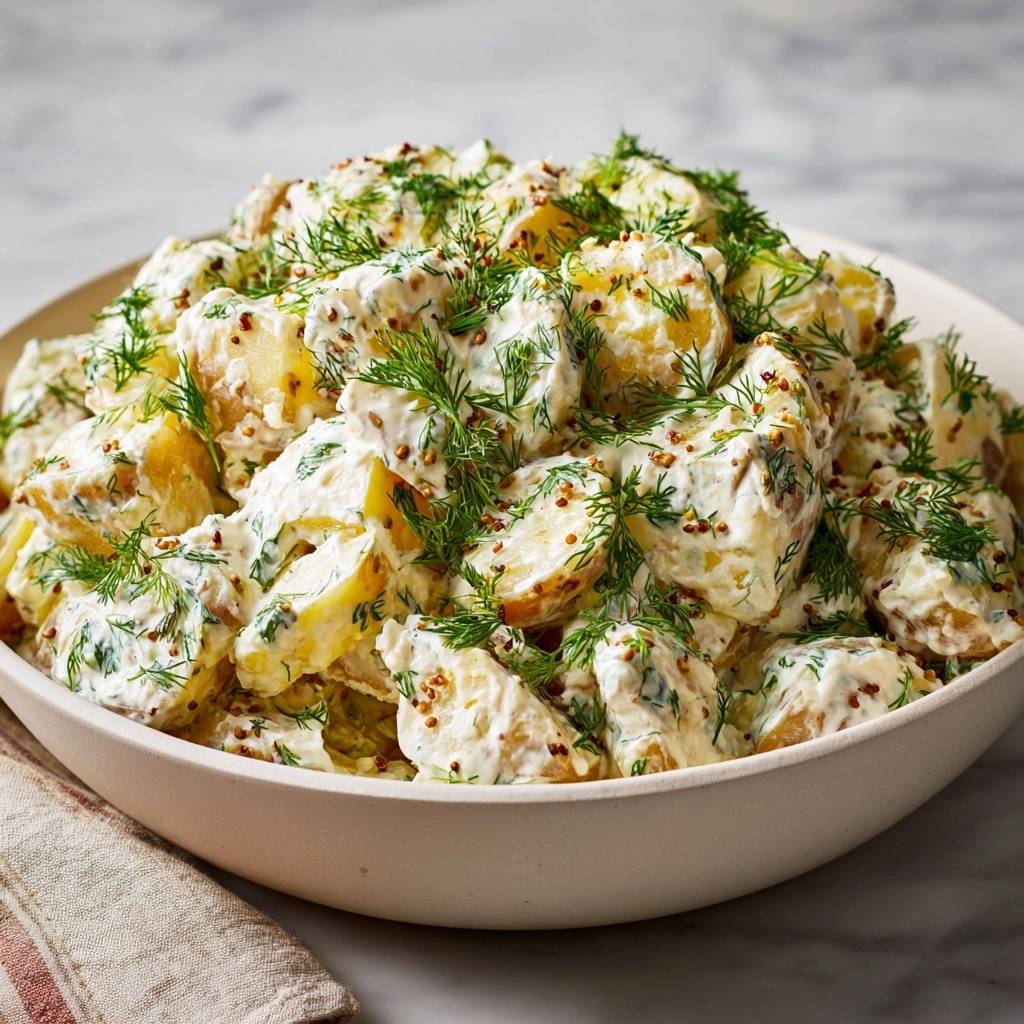 Creamy dill potato salad with a thick dressing, garnished with fresh dill and mustard seeds, shown in a close-up bowl view.