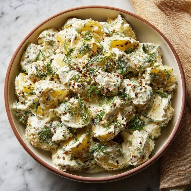 Creamy dill potato salad with thick dressing served in a rustic bowl, captured from an overhead perspective.
