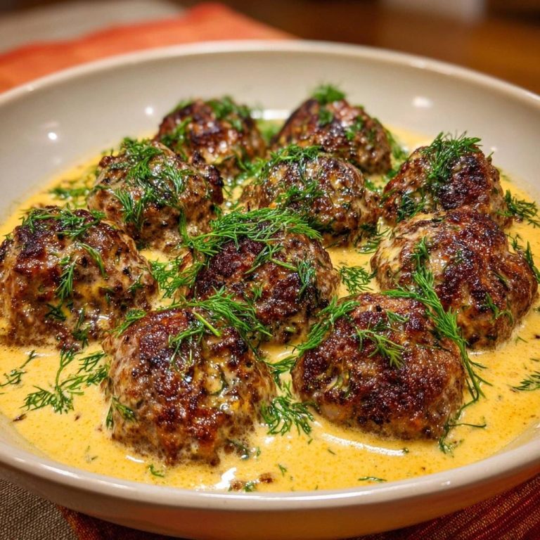 Creamy dill Swedish meatballs in a rich sauce, generously garnished with fresh dill sprigs.