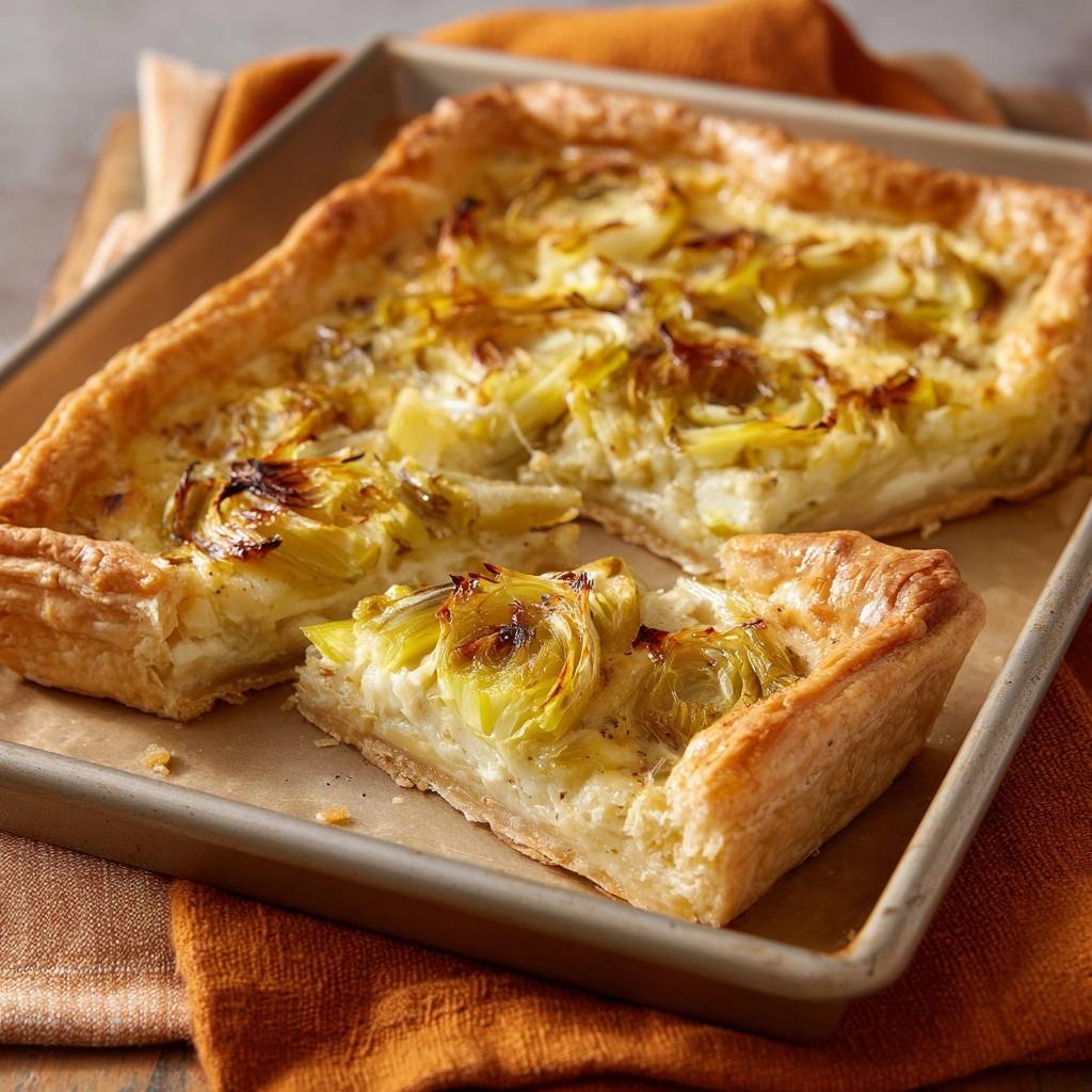 Creamy fennel tart with crisp crust mastery shown in a close-up cross-section revealing the flaky pastry and creamy filling.