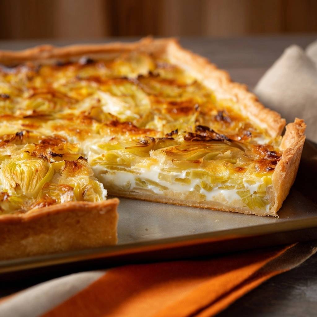 Creamy fennel tart with crisp crust mastery, shown in a close-up cross-section revealing its layers and creamy filling.