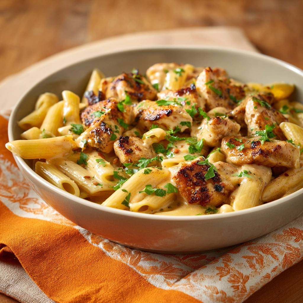 Creamy garlic chicken penne with juicy seared chunks served in a close-up bowl view.