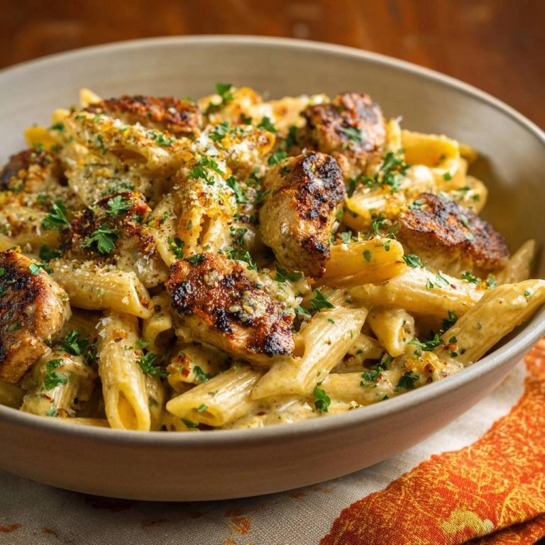Creamy garlic chicken penne with juicy seared chunks served in a rustic bowl, a close-up view.