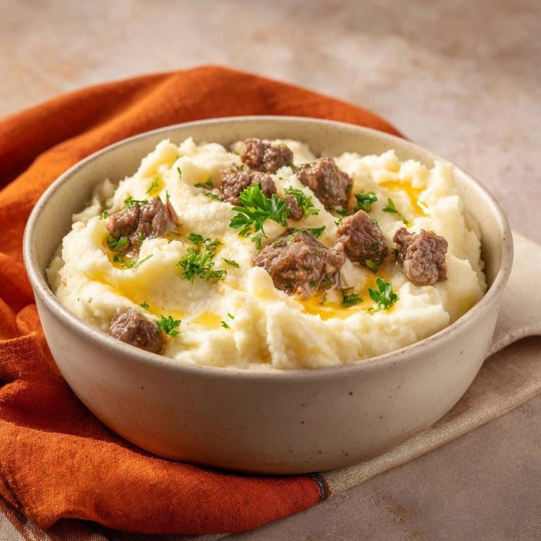 Creamy mashed potatoes with mini meatballs and parsley garnish in a bowl, drizzled with melted butter.