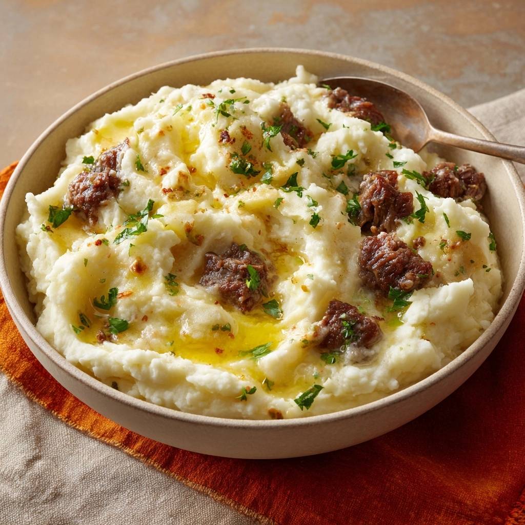 Creamy mashed potatoes with mini meatballs, topped with melted butter and fresh parsley garnish in a bowl.