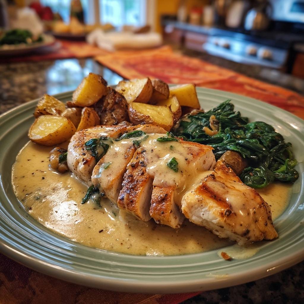 Creamy mustard chicken with roasted potatoes and spinach, sliced and plated with a creamy sauce.