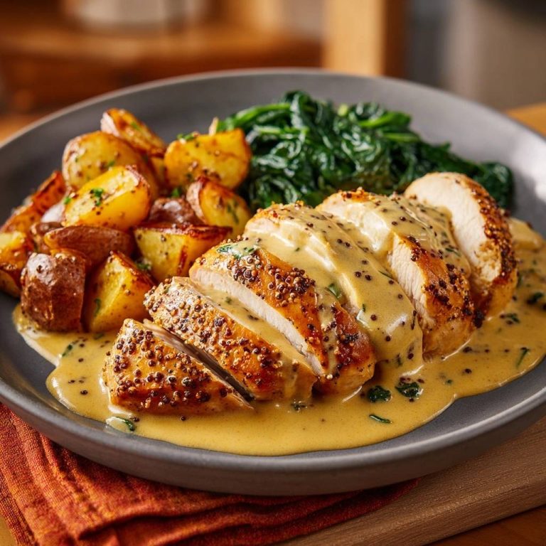 Creamy mustard chicken with roasted potatoes and spinach, sliced and covered in a rich mustard sauce.