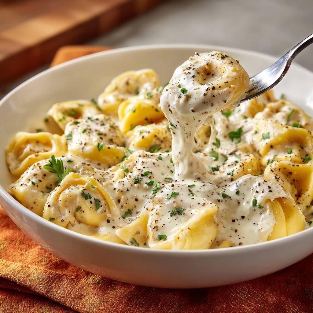 Creamy pepper ravioli with silky sauce, lifted on a fork, showcasing its rich texture and creamy sauce.