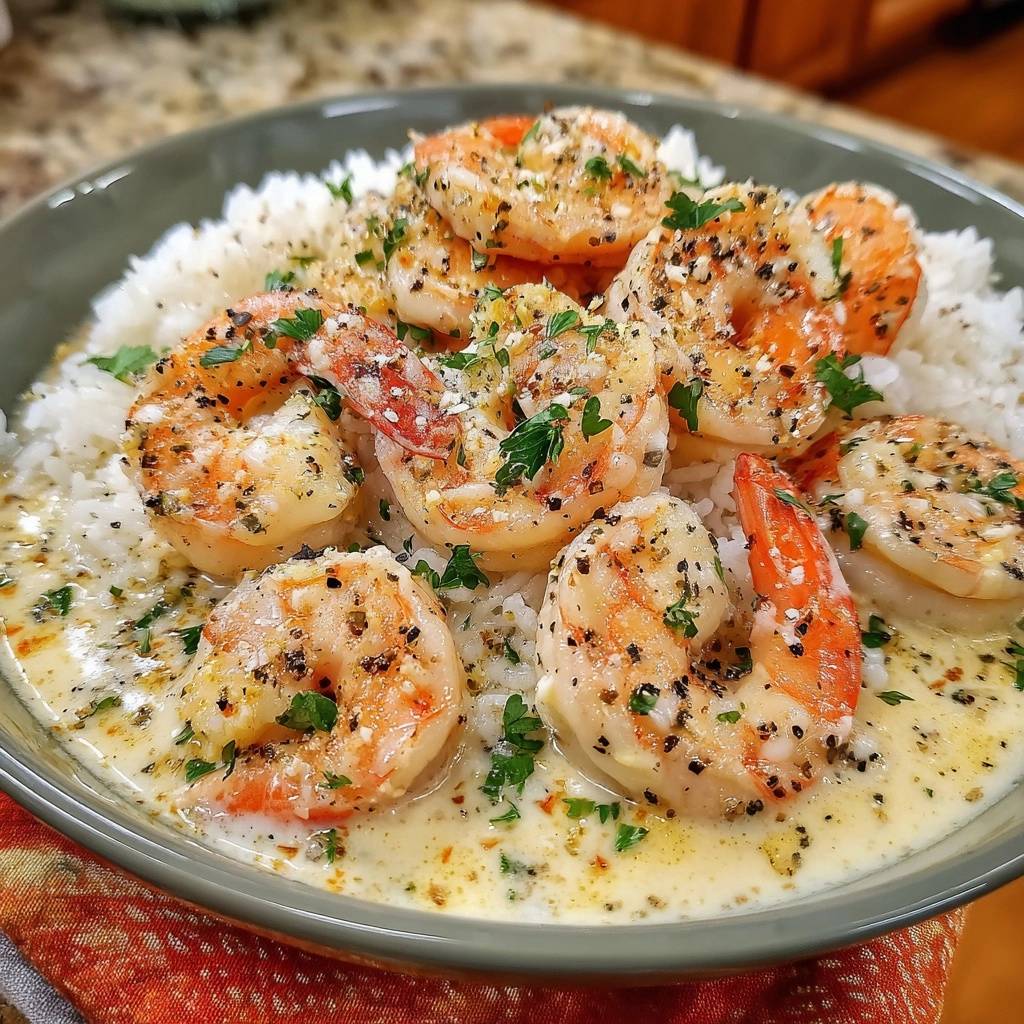Creamy pepper shrimp over rice shown in a close-up view within a bowl, garnished with parsley.