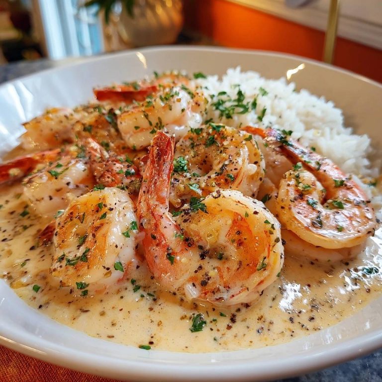 Creamy pepper shrimp over rice shown in a close-up view within a white bowl, garnished with parsley.